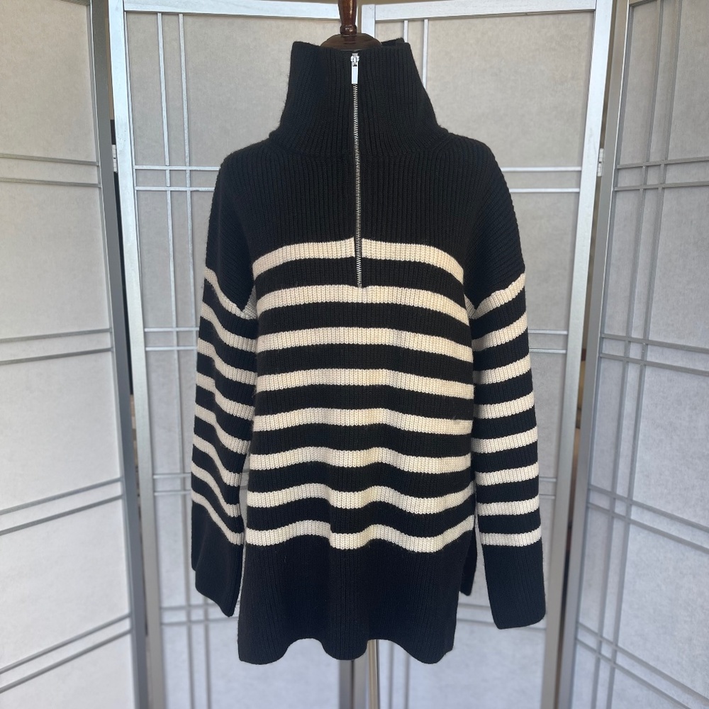 H&M Black and Cream Striped Ribbed Half-Zip Funnel Neck Sweater